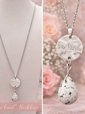 paparazzi Silver 'be kind' Pendant Necklace with White Speckled Teardrop